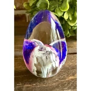 Glass Eye Studio Art Glass Egg Paperweight | Blue Pink White Floral Glass Egg